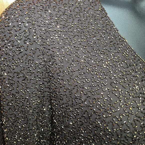 Jkara Beaded Black Gold Formal Blouse Evening Party Top Zip Back VNeck Womens 12 - Picture 6 of 16